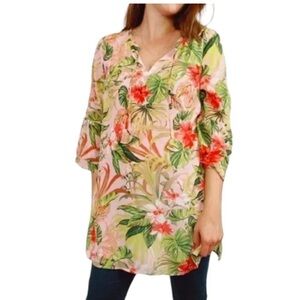 J. Jill Chiffon Paradise Peach/ Green  Tropical Print Tunic Top Sz S